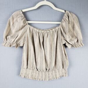 Puff Sleeve Smocked Peasant‎ Blouse Beige Stripe Neutral Boho Festival Size XS